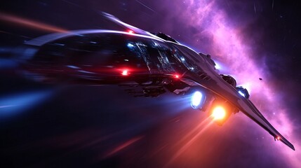  Futuristisches Raumschiff fliegt durch eine leuchtende lila Galaxie – Science-Fiction-Weltraumkonzept