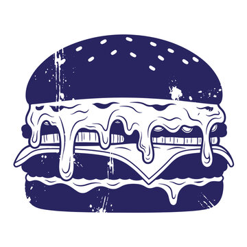 Dark blue silhouette of a cheeseburger with dripping melted cheese and sesame seed bun texture featuring a distressed vintage grunge effect on a plain white background