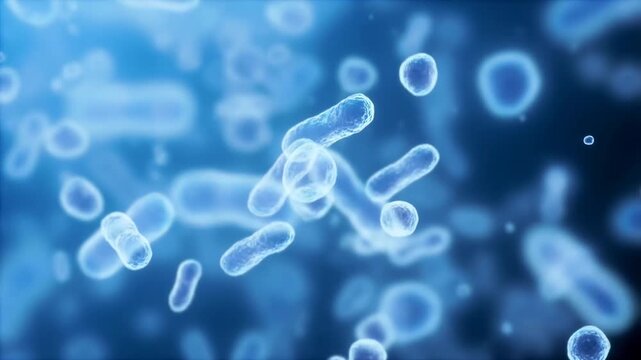 Slow motion tracking shot of bacteria and rod shaped cells drifting in aqueous medium under microscope in laboratory research setting