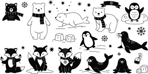 Fototapeta premium Winter Animals Icon Set Featuring Polar Bears, Foxes, Penguins, Seals, and Owls with Scarves for Holiday and Arctic Designs