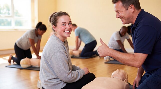 Concentrated group of students during an EMERGENCY FIRST AID CLASS with focused mood practicing CPR on a mannequin against a classroom background