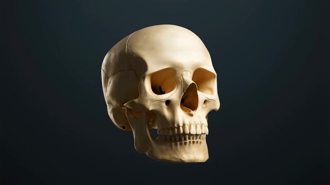 Panning shot of human skull rotating from frontal view to right profile against dark studio background with soft side lighting