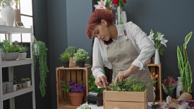 Woman florist arranging potted plants with hands and phone to cheek in building; careful multitasking calm.