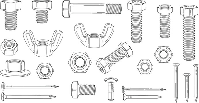 Bolts nuts screws and nails set, hardware fasteners collection, detailed line drawing, construction equipment illustration, mechanical engineering elements isolated