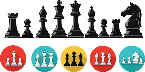 Chess pieces silhouettes and icons set, king queen rook bishop knight pawn, strategy board game elements, modern flat illustration collection © MDRAKIB