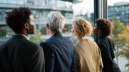 Obraz premium Business Group Contemplating City View: A collaborative business group, with diverse backgrounds, gazes out of a building's window, contemplating the dynamic city skyline.