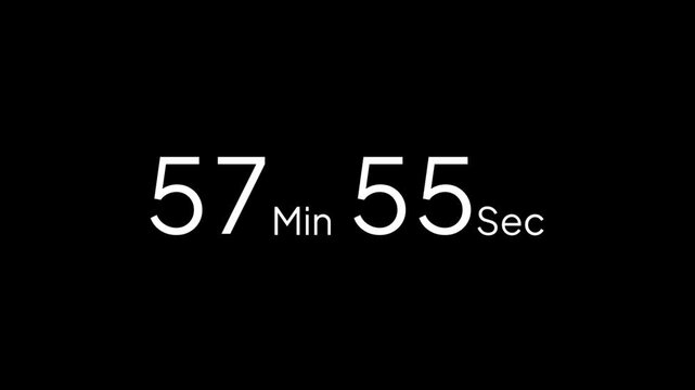 58 minute countdown timer animation from 58 to 57 minute, digital countdown timer transparent background. 58 minute countdown timer animation