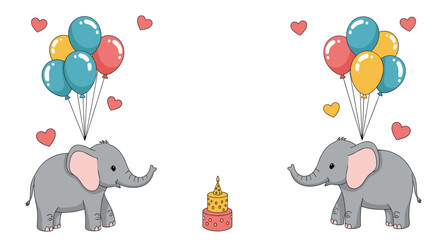 Naklejka premium Festive birthday illustration featuring cute elephants holding colorful balloon bunches and a small cake with hearts.