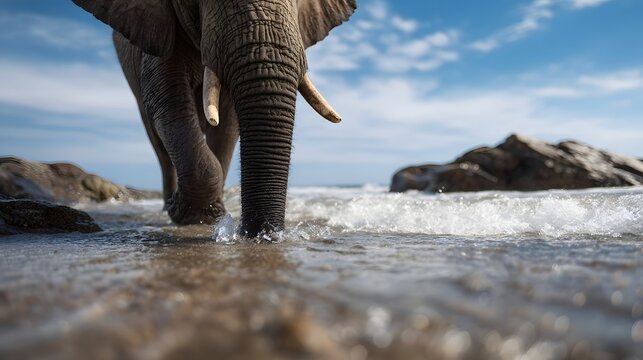 Close up view of an elephant s feet as it walks through the shallow ocean surf at a sandy beach under a bright blue sky