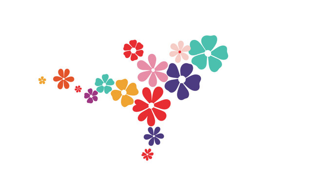 Stylized cluster of colorful flat flowers in different sizes and shapes arranged in an asymmetrical pattern on a clean white background.