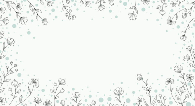 Decorative border made of delicate hand drawn black and white floral sketches and light blue polka dots on a pale green background.