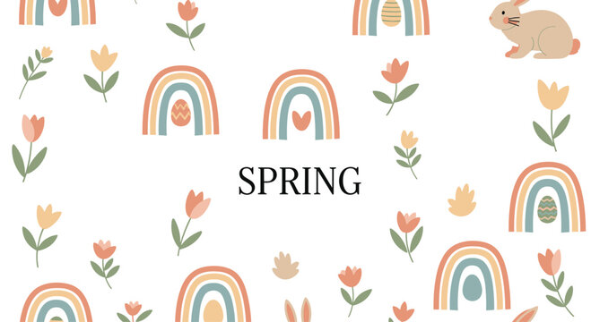 Spring themed pattern with rainbows tulips and a cute rabbit scattered across a white background with the word spring in the center.