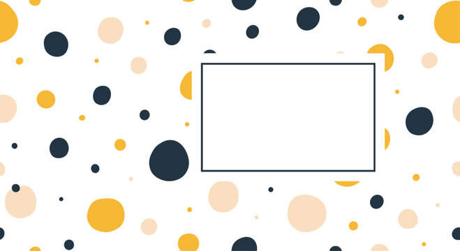 Playful pattern of varied blue yellow and beige dots and circles with a rectangular frame in the center on a white background.