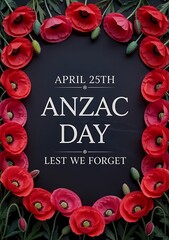 Anzac day poster with red poppies on black background