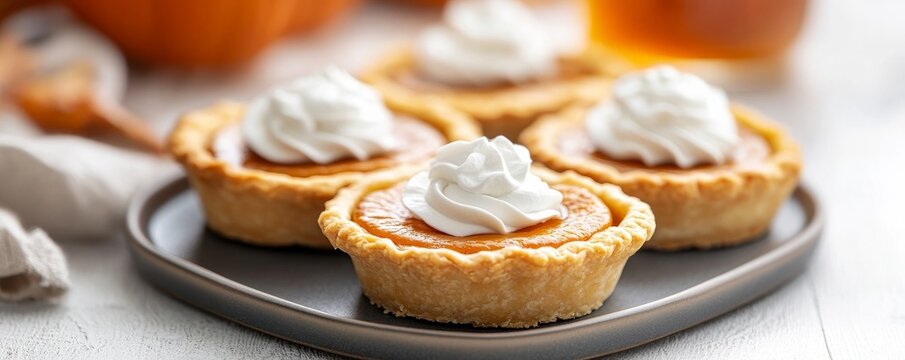 Close-up of mini pumpkin pies with whipped cream, shallow depth of field, on a dark plate, conveying cozy autumn and holiday dessert bliss., Thanksgiving , FallTreats