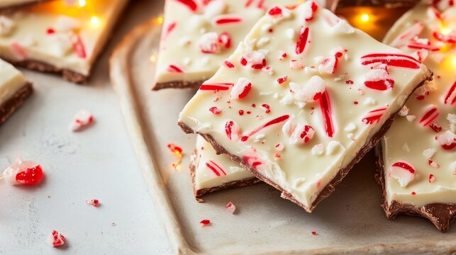Close-up of stacked white chocolate peppermint bark squares on a plate, showcasing a dark chocolate base, vibrant crushed peppermint and warm bokeh lights; a festive holiday treat.