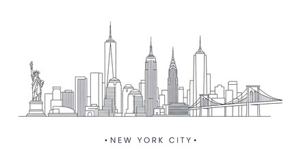 Obraz premium New york city skyline vector illustration with statue of liberty and brooklyn bridge