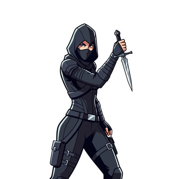 Female Assassin in Black Hooded Outfit Holding Dagger, Stealthy Warrior Character