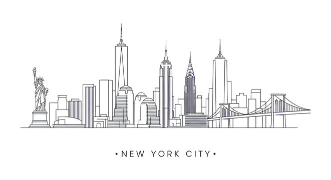 New york city skyline vector illustration with statue of liberty and brooklyn bridge