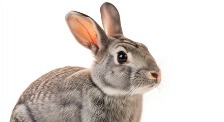 Obraz premium Gentle gray rabbit with long ears captured in elegant side view portrait isolated on pure white background in studio lighting