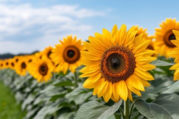 Obraz premium Vibrant Sunflower Field: Close-Up of Golden Blooms Under a Summer Sky