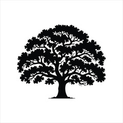 A black silhouette of a tree on a white background