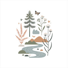 A serene landscape with a winding river and various plants and flowers