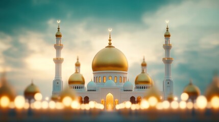 Obraz premium Golden Dome Mosque at Dusk: A Serene Islamic Architectural Masterpiece with Crescent Moon