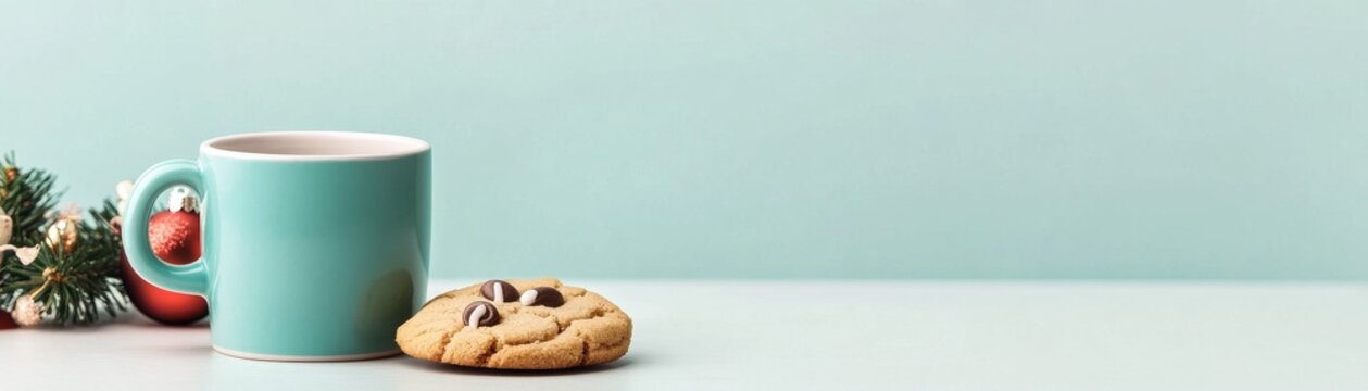 Cozy Holiday Banner Teal mug, festive pine and chocolate chip cookie on light blue, perfect for winter snack breaks. ,Christmas ,Beverage