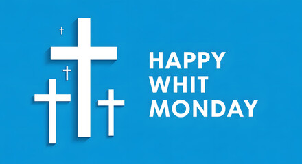White Christian Crosses and Happy Whit Monday Text on Blue Background image