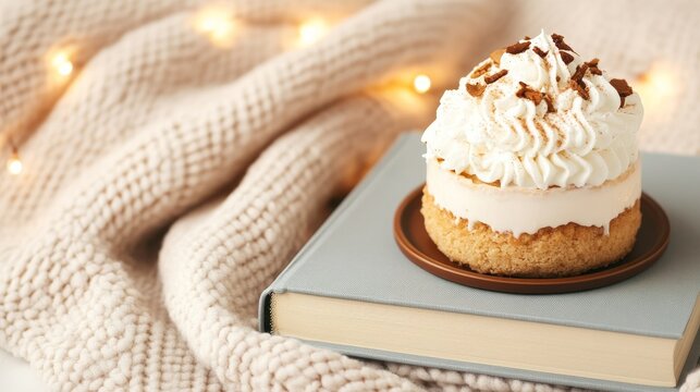 Cozy Hygge Layered mini cake with whipped cream and chocolate flakes, resting on a blue book and a beige knitted blanket, framed by warm bokeh lights. Sweet comfort. Winter, Reading