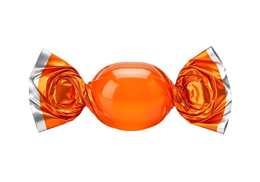 A close-up of an orange candy wrapped in clear plastic isolated on white background