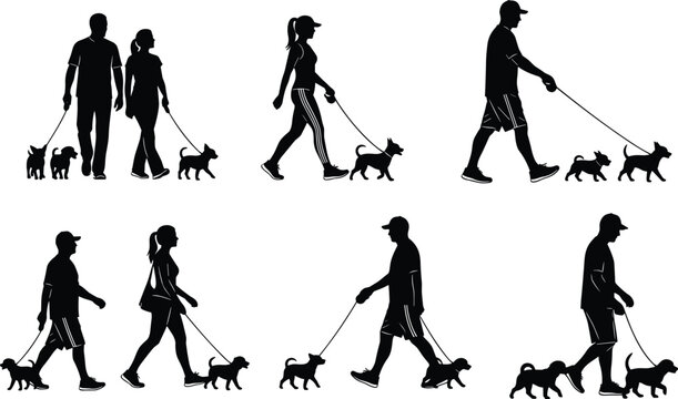 Dog walking silhouettes, people walking dogs, pet care lifestyle, outdoor activity, companionship, leash training, urban fitness, animal exercise, minimalist art
