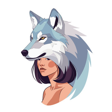 Woman with Wolf Head Headdress, Mystical Portrait, Urban Spirit Animal