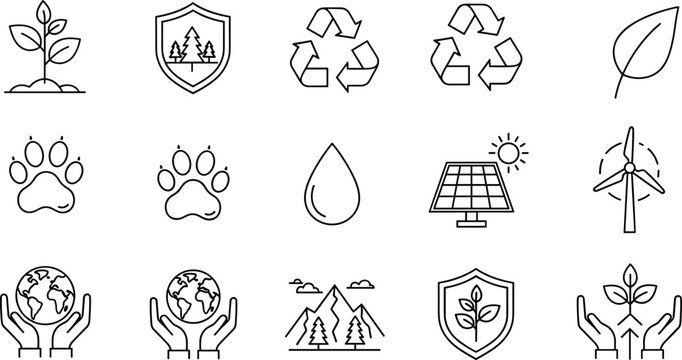 Eco icons, sustainability, environment, conservation, renewable energy, recycling, solar power, wind turbine, water, wildlife, nature, protection, green, climate, care, forest, landscape, global