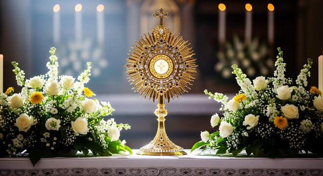 Ornate golden monstrance with white roses and candles in church religious sacred