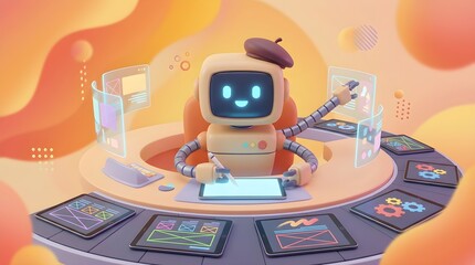 Fototapeta premium Cute robot with glowing blue eyes working on digital tablet surrounded by screens and gadgets in futuristic workspace with orange background