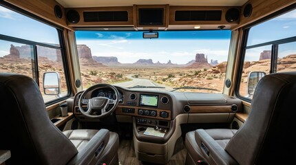 Fototapeta premium Rv cockpit overlooking desert highway and rock formations