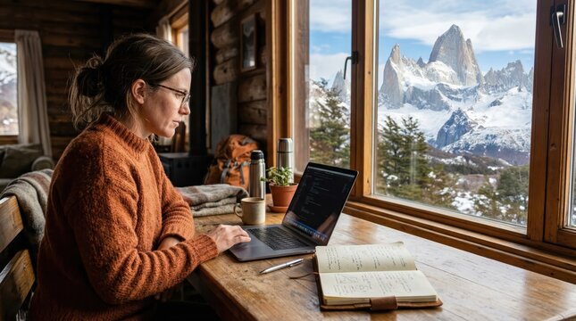 Woman working on laptop inside wooden cabin with snowy mountain view
