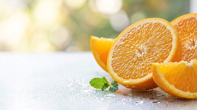Orange slices with condensation, bright citrus tones, fresh lighting