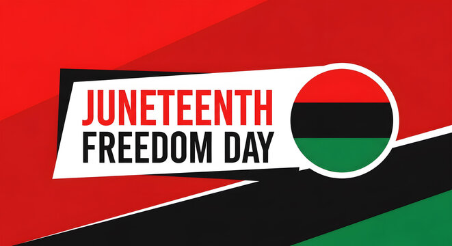 Juneteenth Freedom Day text with Pan African flag circle graphic image