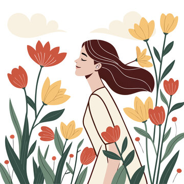 A serene woman with flowing hair stands amongst vibrant flowers eyes closed enjoying a peaceful moment in nature high quality