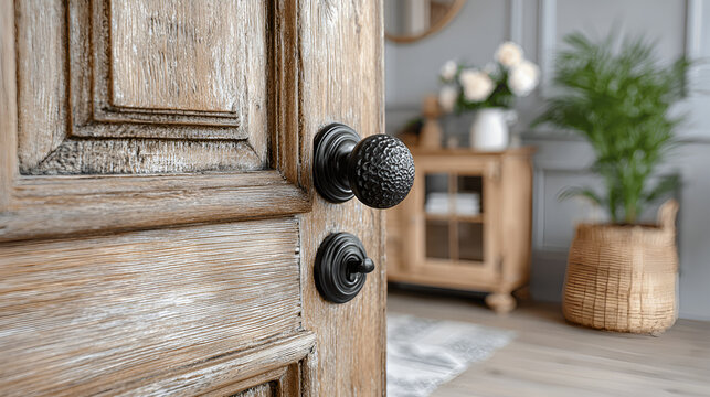A vintage wooden door with character texture, slightly ajar with a wrought iron handle, leading to a cozy living room