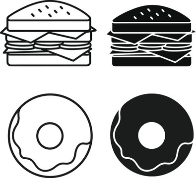 Set of line art and silhouette icons representing burgers and donuts for graphic design
