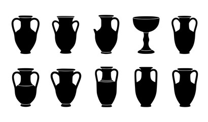 Greek Vases Black Silhouettes Simple Ancient Clay Vessel Vector Set © MstNadiya
