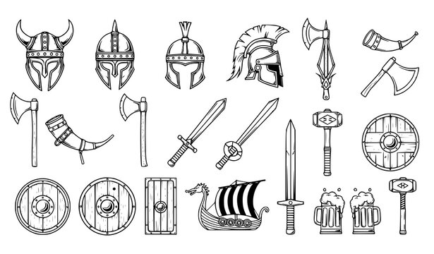 Viking and Medieval Warrior Icons Vector Helmet Sword Shield Axe Hammer Ship