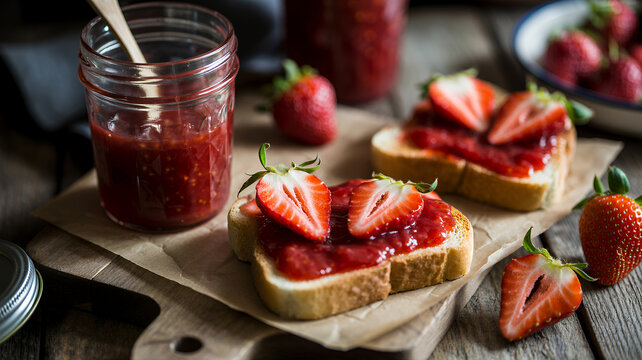 Strawberry toast with jam jar and fresh strawberries on a cutting board