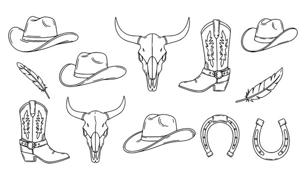 Western Cowboy Hand-Drawn Vector Icons Monochrome Logo and Badge Set