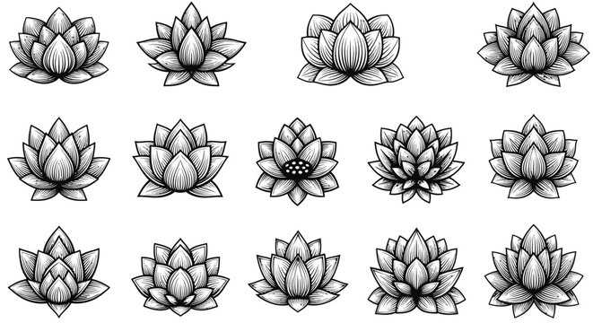 Collection of detailed lotus flower illustrations in a black silhouette