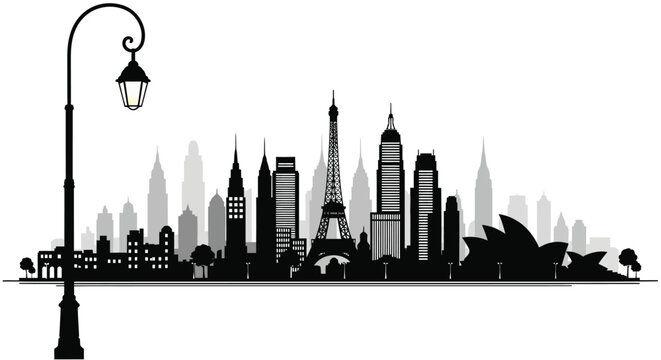 Cityscape with iconic landmarks and a street lamp black and white silhouette